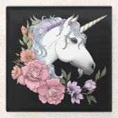 Weißes Einhorn und Blume Glasuntersetzer (Vorderseite)