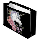 Weißes Einhorn und Blume Große Geschenktüte (Vorderseite Schrägansicht)