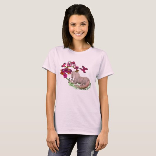 Weißes Einhorn und Blume T-Shirt (Vorne ganz)