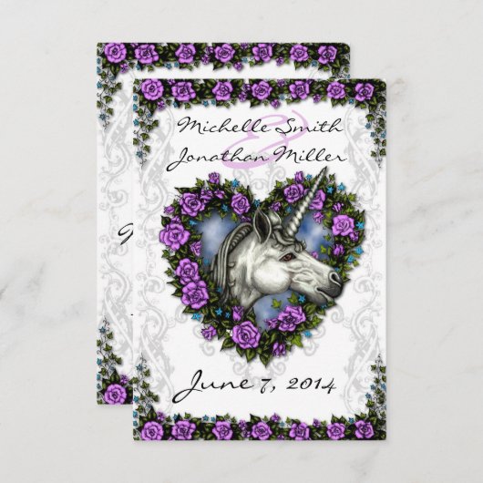 Weißes Einhorn und Lila Rose Herz UAWG RSVP Karte (Vorne/Hinten)