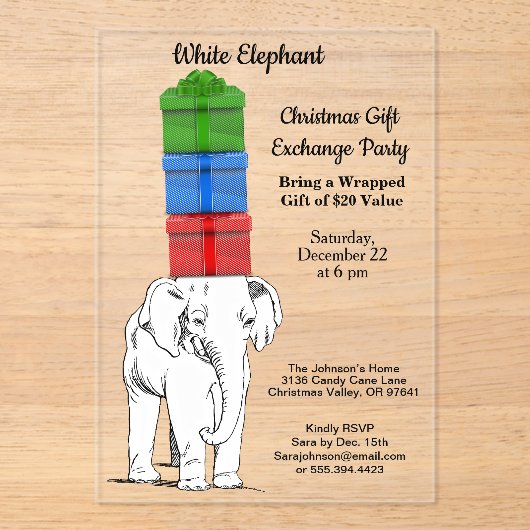 Weißes Elefantengestapelte Geschenkbörse Party Acryleinladungen (Vorderseite)