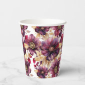 Weißes elegantes goldenes Burgundy Blumenmuster Pappbecher (Rückseite)