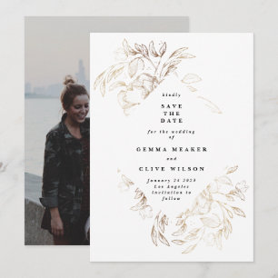 Weißes elegantes, handgezeichnetes botanisches Hoc Save The Date