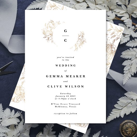 Weißes elegantes handgezeichnetes botanisches Mono Einladung