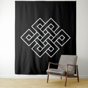 Weißes Endloses Knot-Symbol auf schwarz Wandteppich