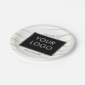 Weißes Firmenlogo für gestreifte Unternehmen Pappteller (Schrägansicht)