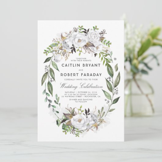 Weißes Floral-Elegant | Hochzeit von Aquarellfarbe Einladung (Stehend Vorderseite)