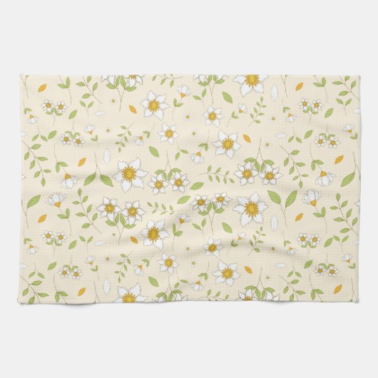 Weißes florales botanisches Muster auf Creme Geschirrtuch (Horizontal)