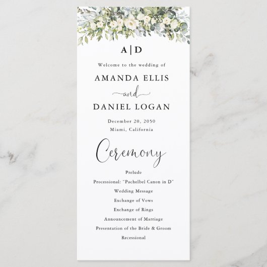 Weißes Florales Hochzeitsprogramm Programm (Vorderseite)