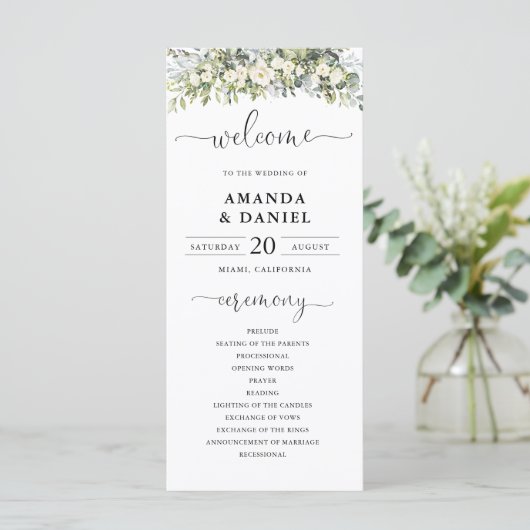 Weißes Florales Hochzeitsprogramm Programm (Stehend Vorderseite)
