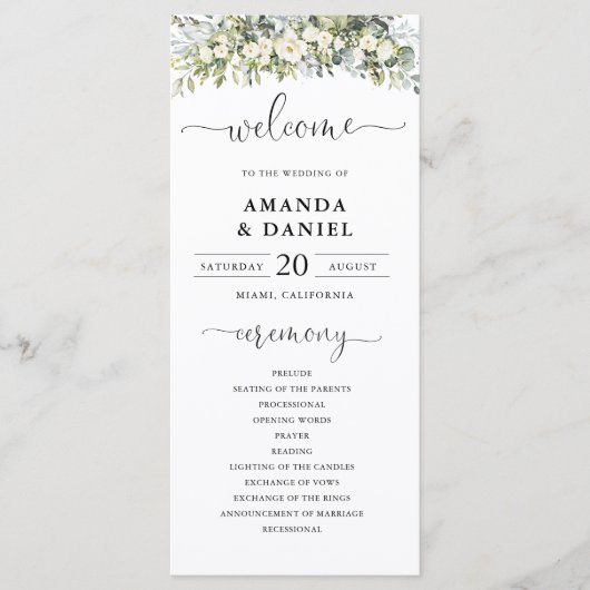 Weißes Florales Hochzeitsprogramm Programm (Vorderseite)