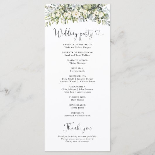 Weißes Florales Hochzeitsprogramm Programm (Rückseite)