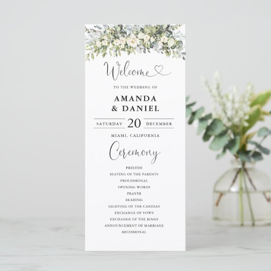 Weißes Florales Hochzeitsprogramm Programm (Stehend Vorderseite)