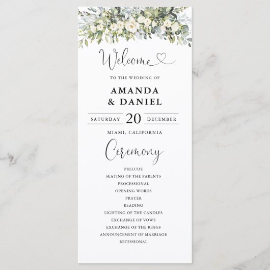 Weißes Florales Hochzeitsprogramm Programm (Vorderseite)