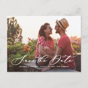Weißes Foto für Whimsikkalligraphie Save the Date Ankündigungspostkarte