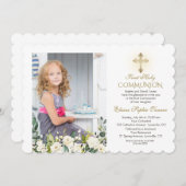 Weißes Foto-Goldkreuz Heilige Kommune Einladung (Vorne/Hinten)