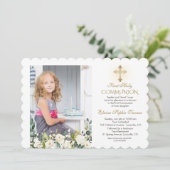 Weißes Foto-Goldkreuz Heilige Kommune Einladung (Stehend Vorderseite)