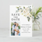Weißes Foto mit blühender Vegetation Save The Date (Stehend Vorderseite)