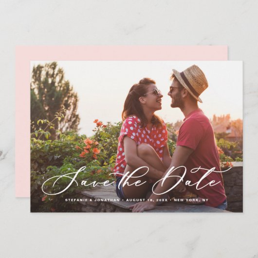 Weißes Foto mit weißer Kalligrafie Save The Date (Vorne/Hinten)