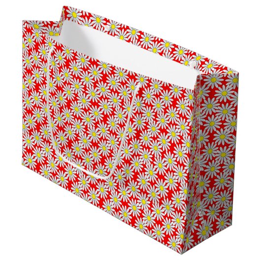 Weißes Gänseblümchen-Muster auf roter großer Große Geschenktüte (Vorderseite Schrägansicht)
