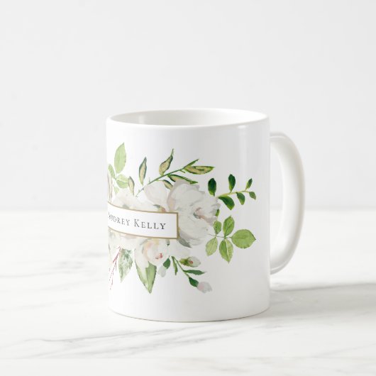 Weißes gestrichenes Floral Monogramm Kaffeetasse (VorderseiteRechts)