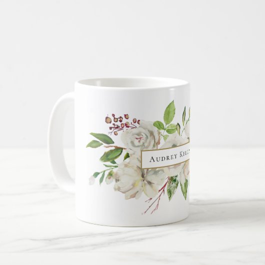Weißes gestrichenes Floral Monogramm Kaffeetasse (Vorderseite Links)