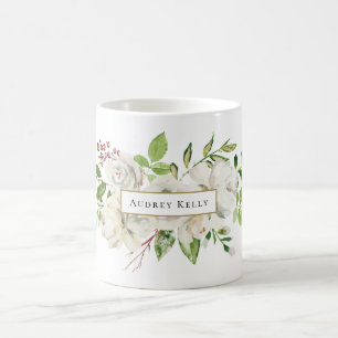 Weißes gestrichenes Floral Monogramm Kaffeetasse