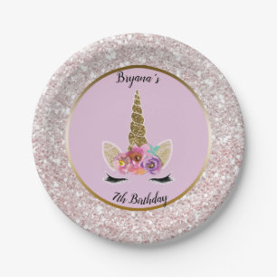 Weißes Glitter Glam Einhorn Rosa Geburtstagsfeier Pappteller