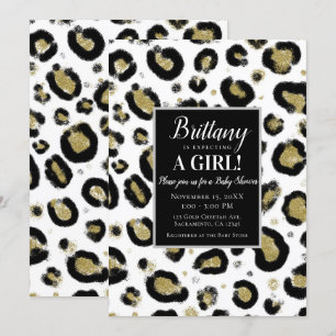 Weißes Gold Glitter & Schwarzer Leopard Baby Showe Einladung