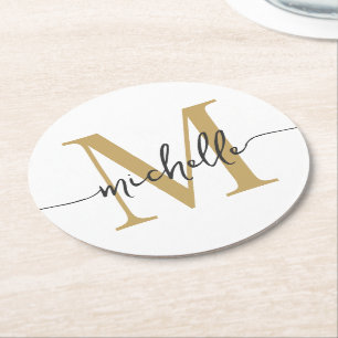 Weißes Gold Modernes Monogramm Name Elegante Schri Runder Pappuntersetzer