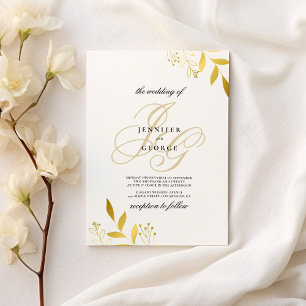 Weißes Gold Monogramm Initialen Blumenglam Hochzei Einladung