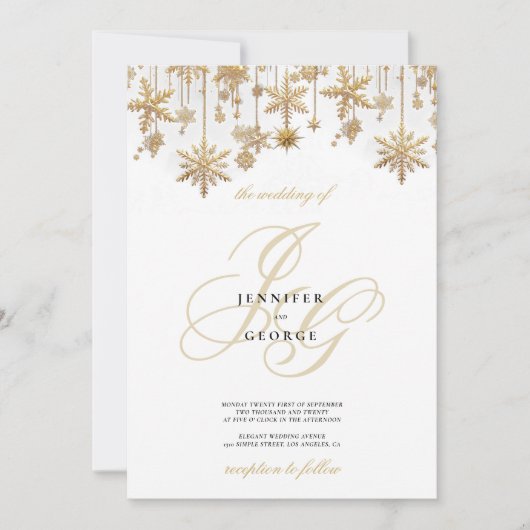 Weißes Gold Monogramm Initialen Schneeflocken Hoch Einladung (Vorderseite)