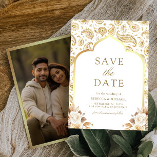 Weißes Gold Paisley Blumenmuster Indische Hochzeit Save The Date