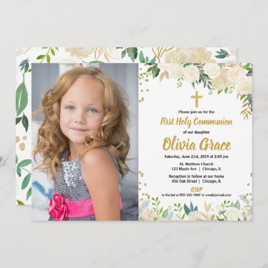 Weißes Gold Rose Blütenblume Erstes Foto der Heili Einladung (Vorne/Hinten)