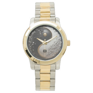 Weißes Gold und schwarzes Yin Yang Armbanduhr