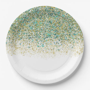 Weißes Gold und Türkisblauer Glitter Moderne Küste Pappteller