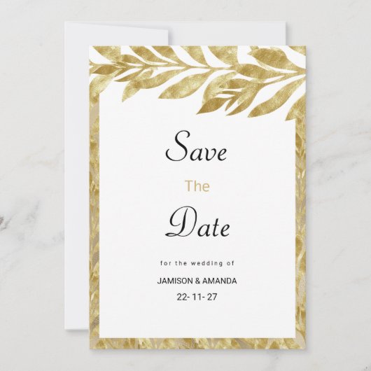 Weißes Gold verlasst Eleganz und Blumen Save the D Einladung (Vorderseite)