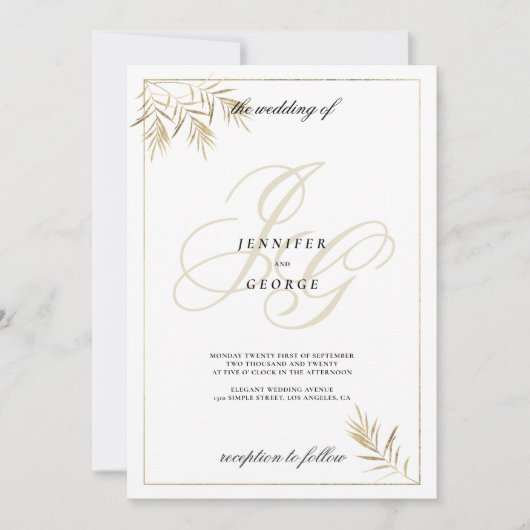 Weißes Goldmonogramm Einladung (Vorderseite)