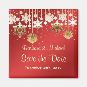 Weißes Goldschneeflocken auf Rot Save the Date Magnet