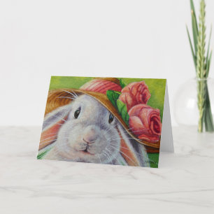 Weißes Häschen im Frühlingshäubchen Aquarell Kunst Karte