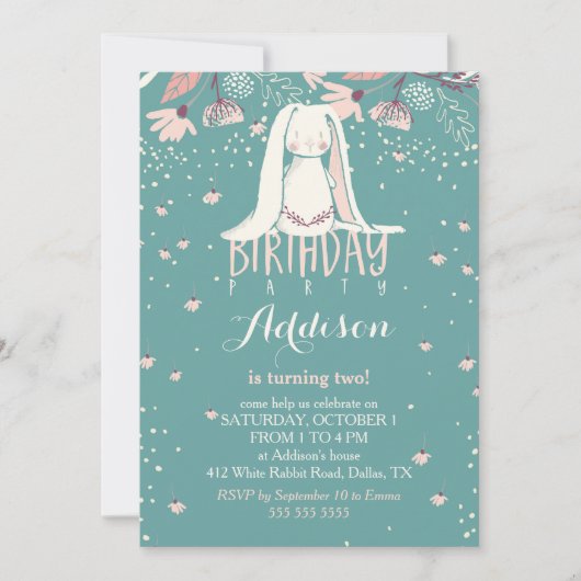 Weißes Häschen u. Blumen | rosa u. aquamariner Einladung (Vorderseite)