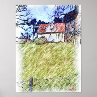 weißes Haus auf dem Hügel Poster