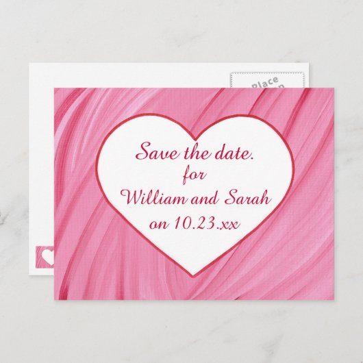 Weißes Herz auf rosa Farbmischungen Rett Datum Pos Ankündigungspostkarte (Vorne/Hinten)