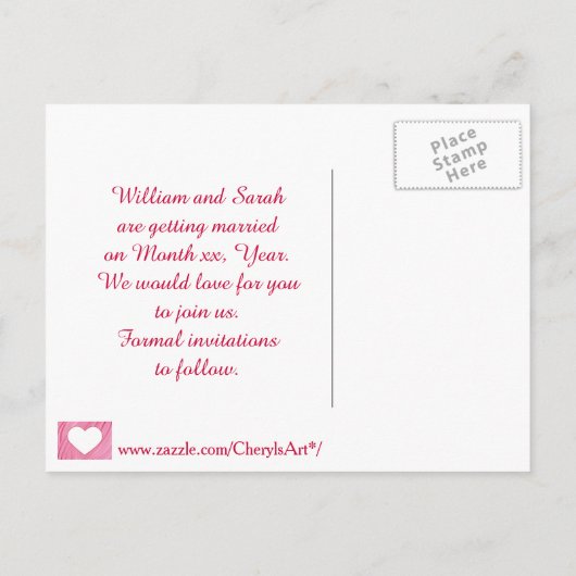 Weißes Herz auf rosa Farbmischungen Rett Datum Pos Ankündigungspostkarte (Rückseite)