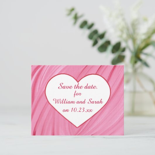 Weißes Herz auf rosa Farbmischungen Rett Datum Pos Ankündigungspostkarte (Stehend Vorderseite)