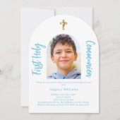 Weißes Himmelblau Foto Bogen Erste Heilige Kommune Einladung (Vorderseite)