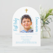 Weißes Himmelblau Foto Bogen Erste Heilige Kommune Einladung (Stehend Vorderseite)