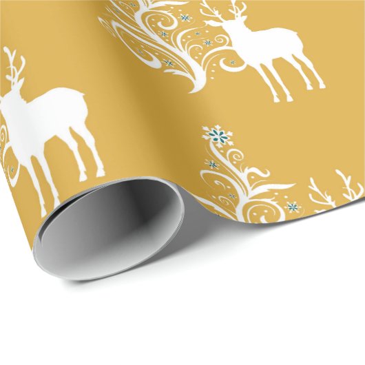 Weißes Hirsch mit stilisierten Bäumen in Gold und  Geschenkpapier (Rolleneckpunkt)