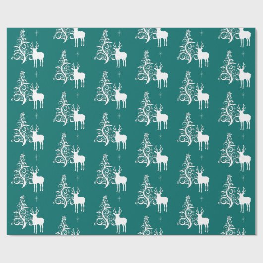 Weißes Hirsch mit stilisierten Bäumen in Grün und Geschenkpapier (Flach)