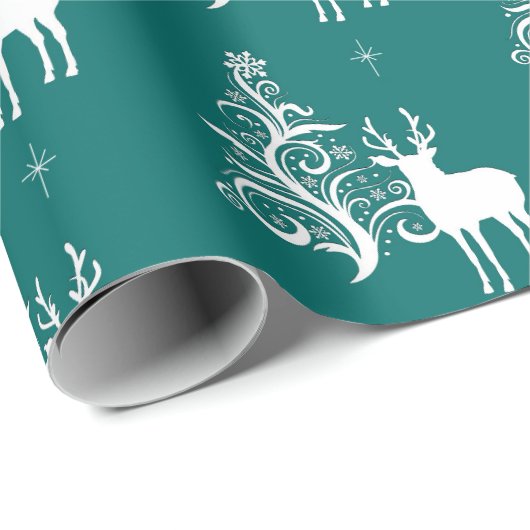 Weißes Hirsch mit stilisierten Bäumen in Grün und Geschenkpapier (Rolleneckpunkt)